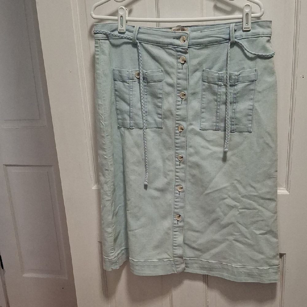 Light Blue Button-Front Denim Midi Skirt